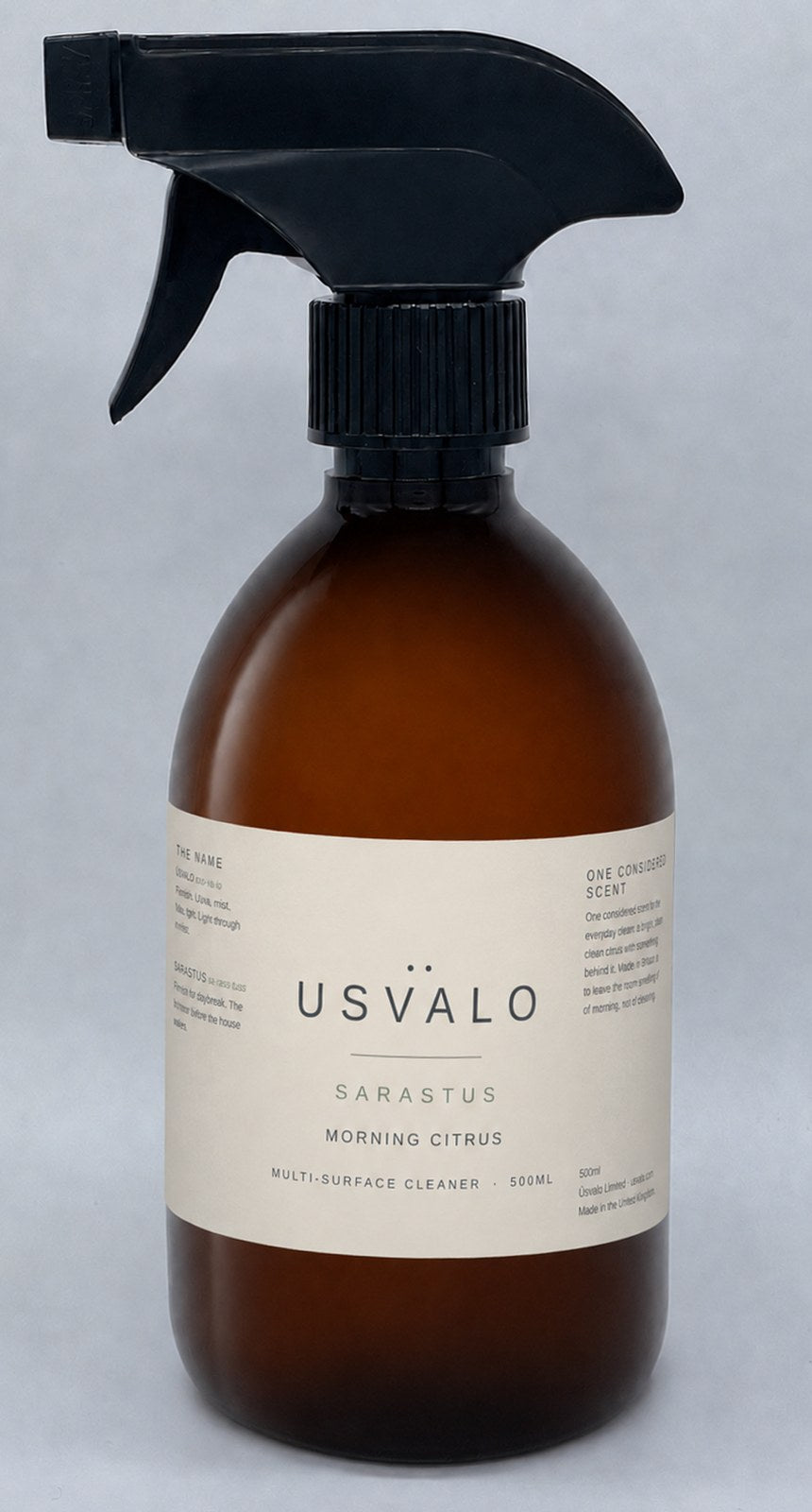 Üsvalo Sarastus, a 500ml amber bottle with a black trigger spray and the Sarastus morning citrus label